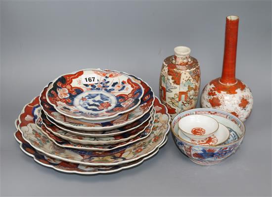 A quantity of Imari ceramics and a Kutani vase largest diameter 31.5cm